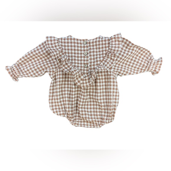 RYLEE + CRU Baby Girl Brown Gingham Long Sleeve Winnie Romper - 0-3M - Picture 5 of 5
